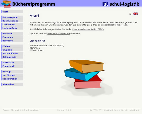 Startbildschirm des Büchereiprogramms